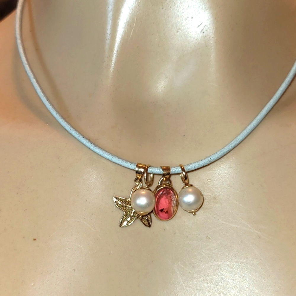 14k Mint Green  Cord w/ gold peal, watermelon tourmaline  seastar charms